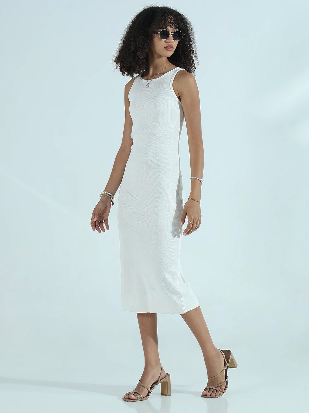 Women's Ribbed White Round Neck Bodycon Sleeveless Midi Dress