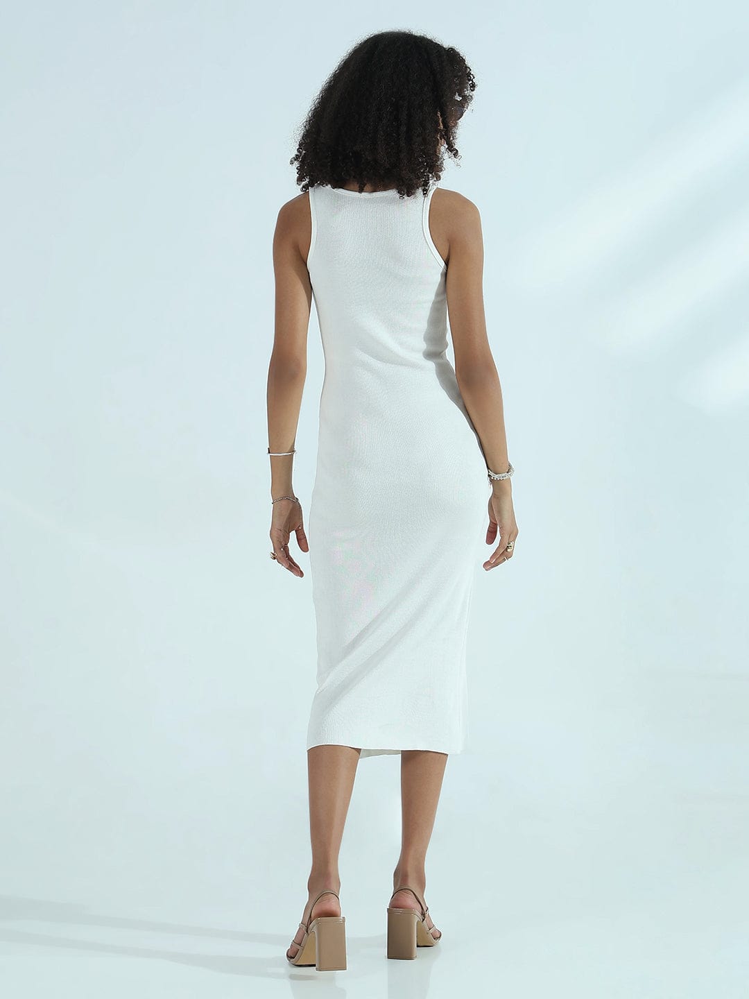 Women's Ribbed White Round Neck Bodycon Sleeveless Midi Dress