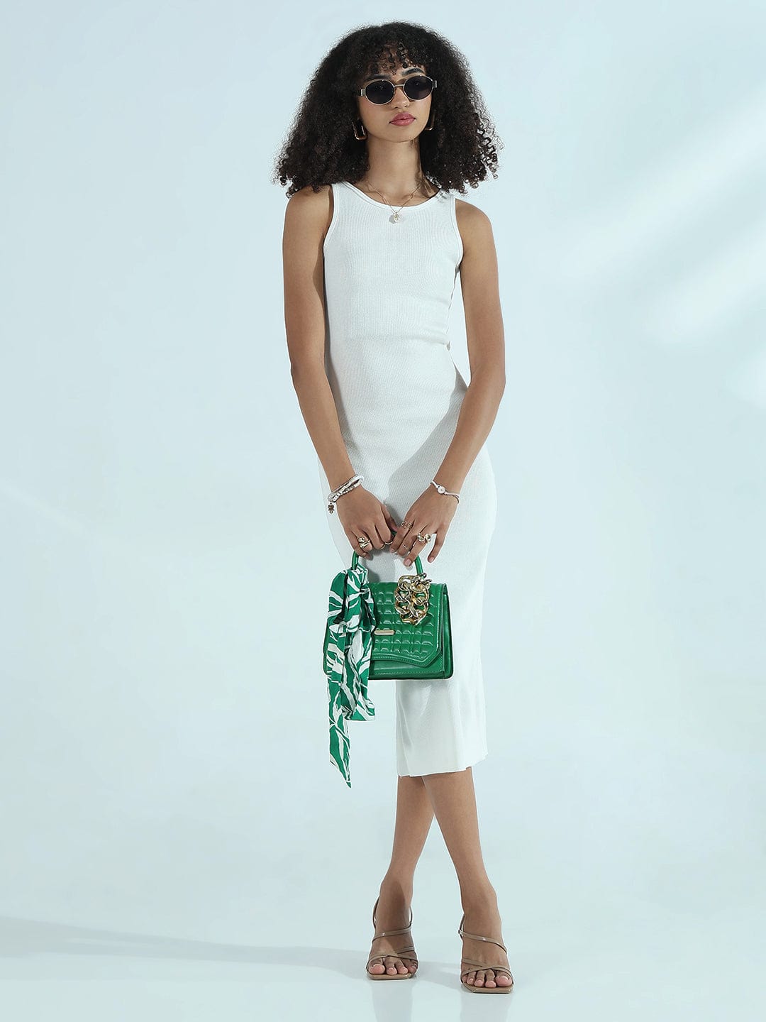 Women's Ribbed White Round Neck Bodycon Sleeveless Midi Dress