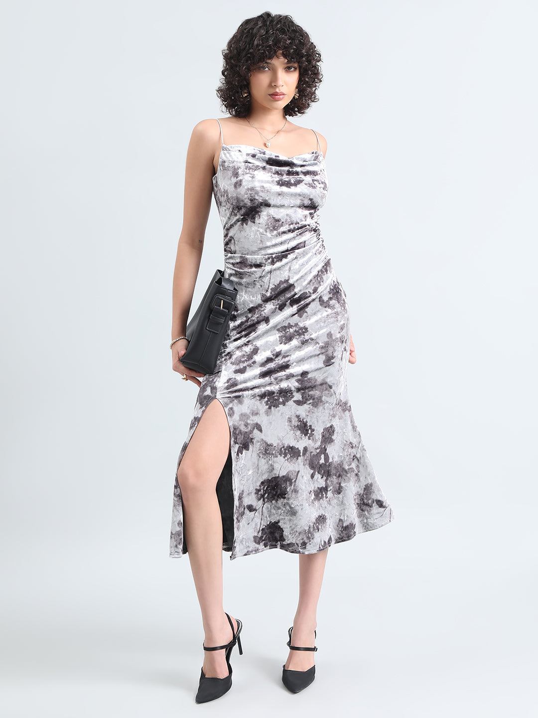 Women's Abstract Grey Bodycon Midi Slip Dress with Side Slit