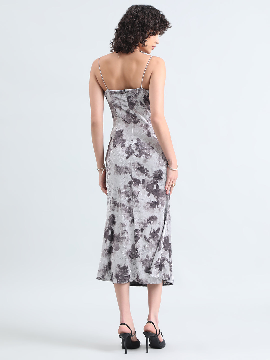 Women's Abstract Grey Bodycon Midi Slip Dress with Side Slit