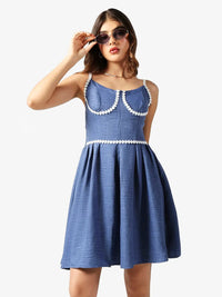 Women's Blue Fit & Flare Mini Dress with Contrast Lace Trim