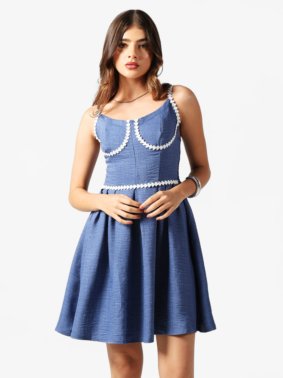 Women's Blue Fit & Flare Mini Dress with Contrast Lace Trim