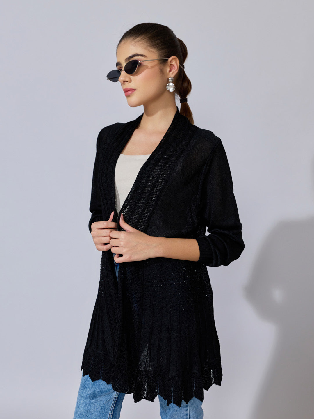 Women's Ribbed Black Longline Open Front Shrug