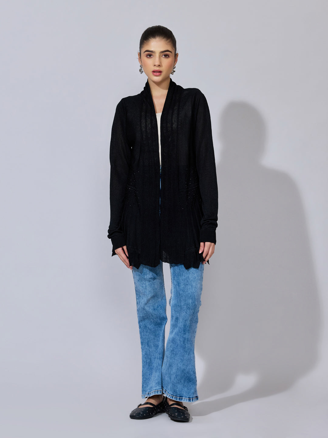 Women's Ribbed Black Longline Open Front Shrug