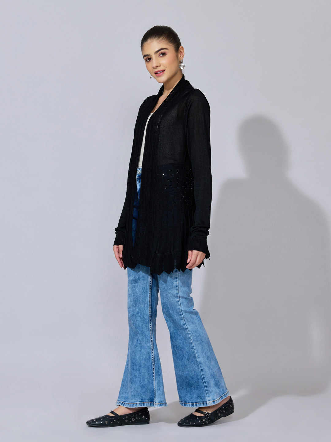 Women's Ribbed Black Longline Open Front Shrug