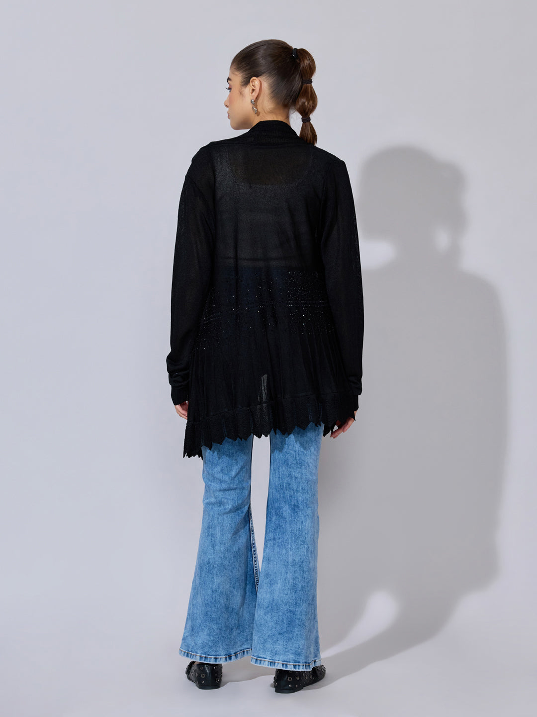 Women's Ribbed Black Longline Open Front Shrug