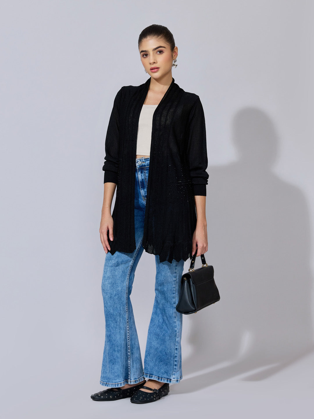 Women's Ribbed Black Longline Open Front Shrug