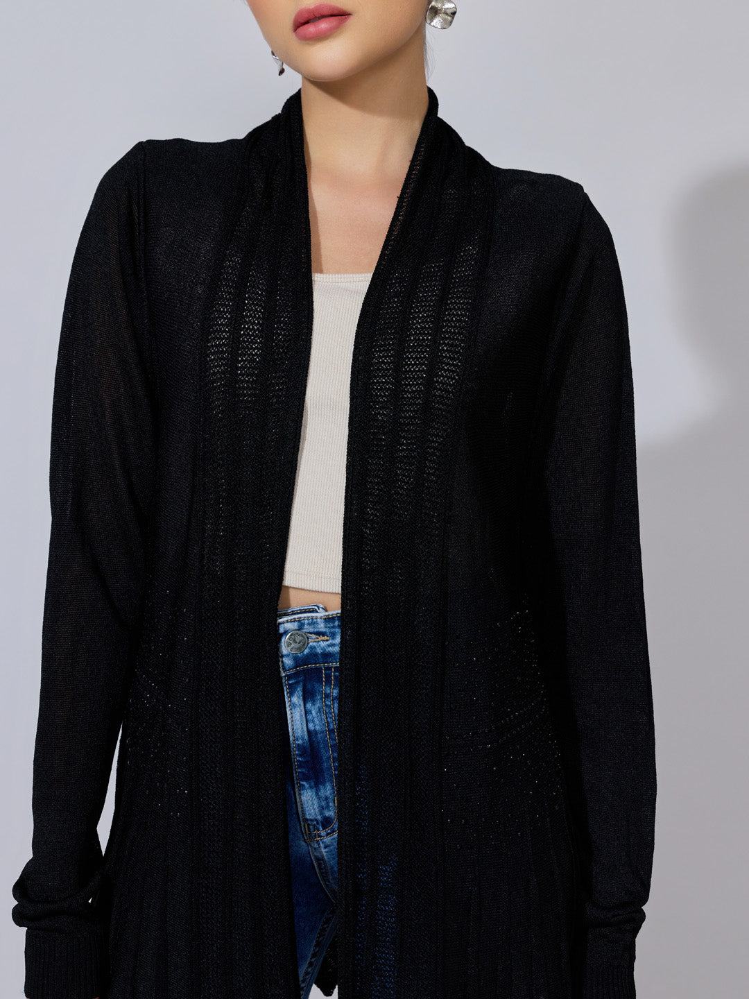 Women's Ribbed Black Longline Open Front Shrug