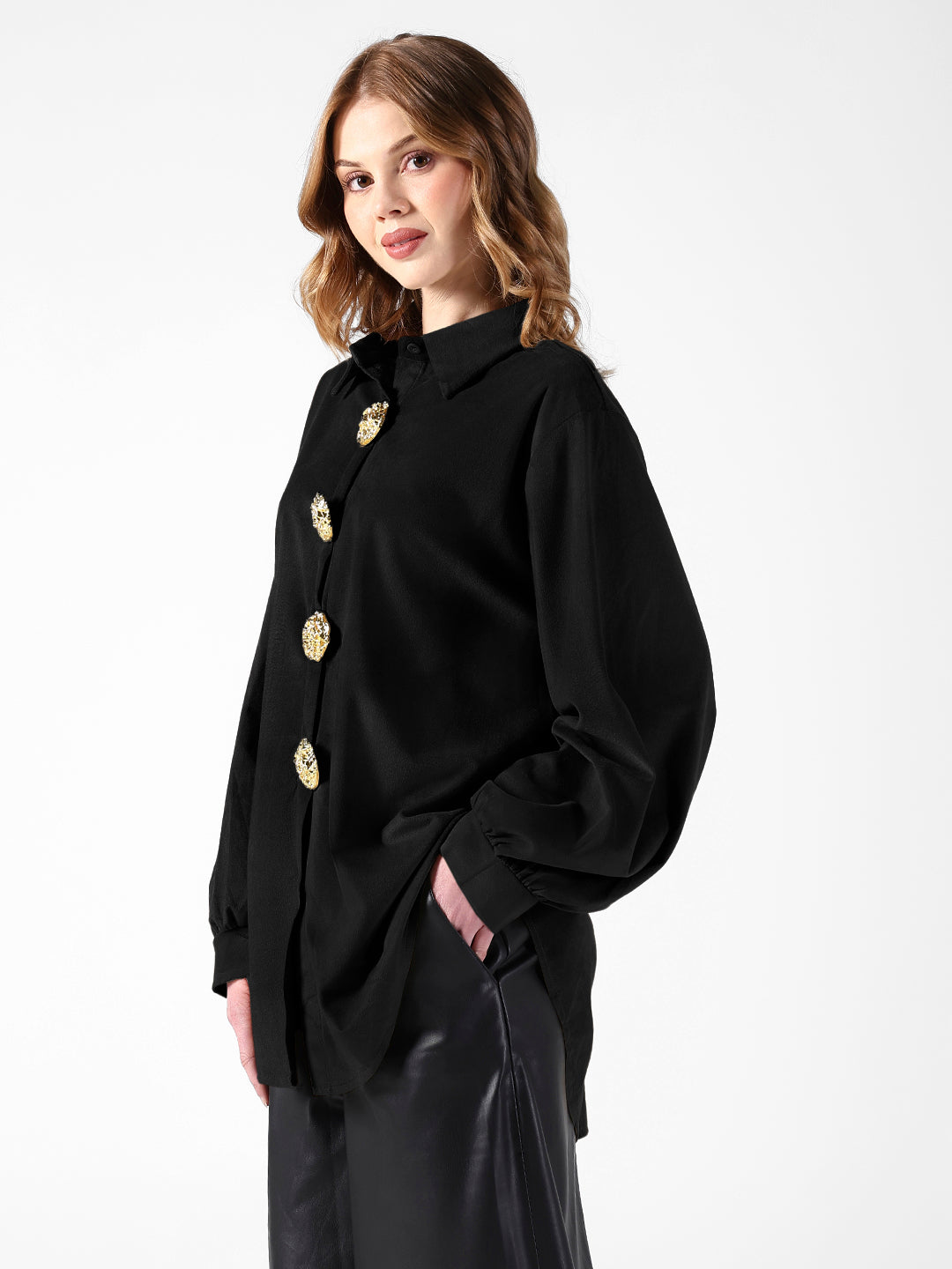 Women's Black Velvet Oversized Shirt with Gold Brooch Button Detailing