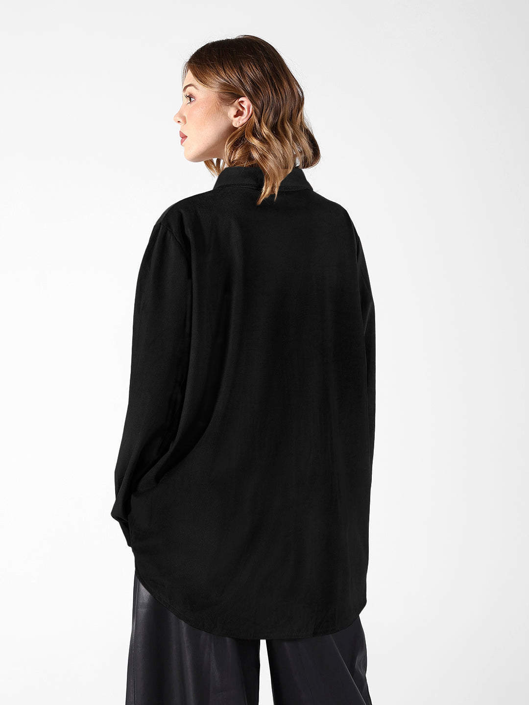 Women's Black Velvet Oversized Shirt with Gold Brooch Button Detailing