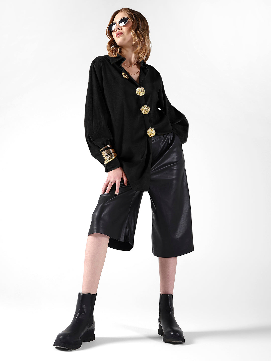 Women's Black Velvet Oversized Shirt with Gold Brooch Button Detailing