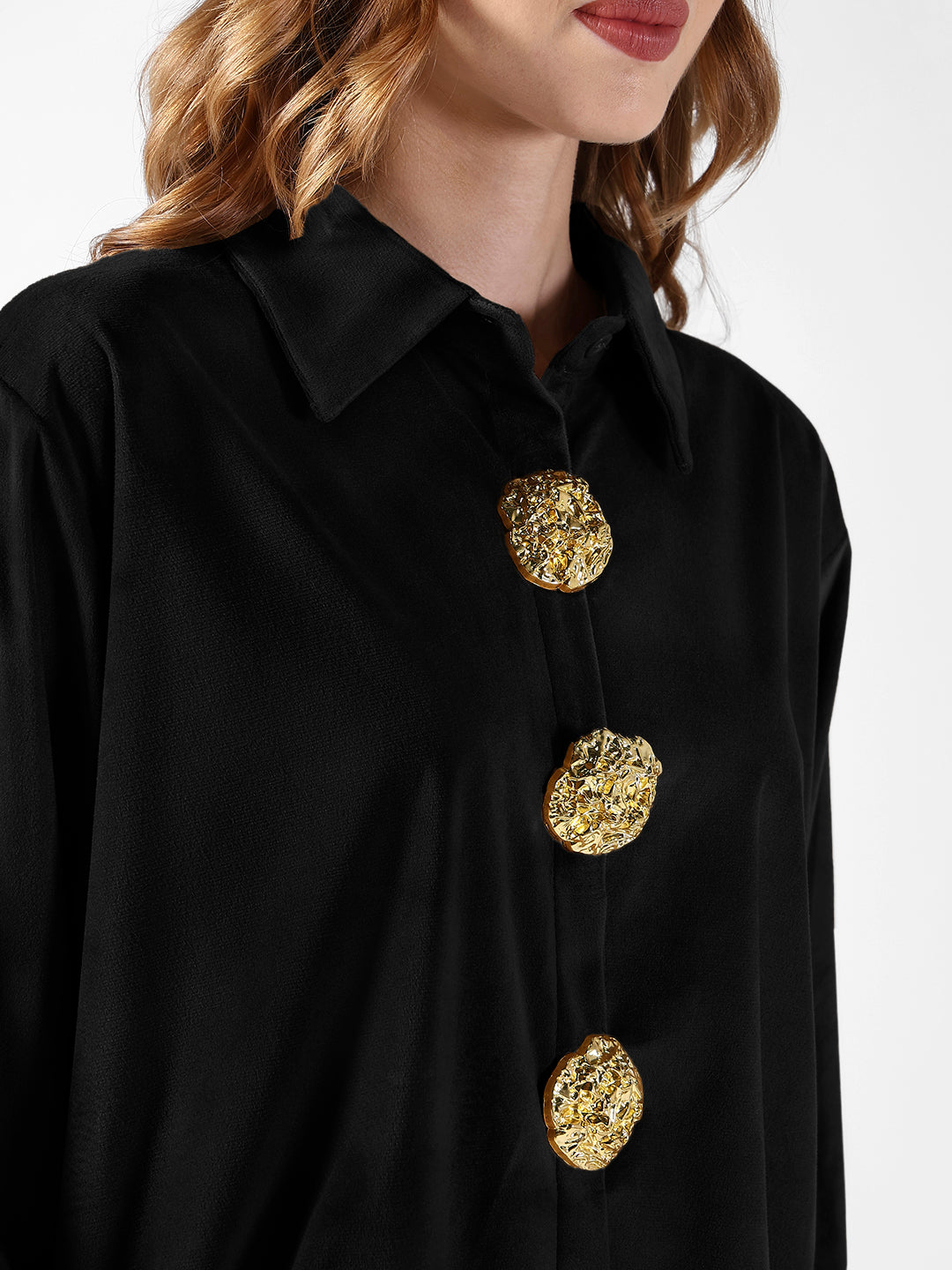 Women's Black Velvet Oversized Shirt with Gold Brooch Button Detailing