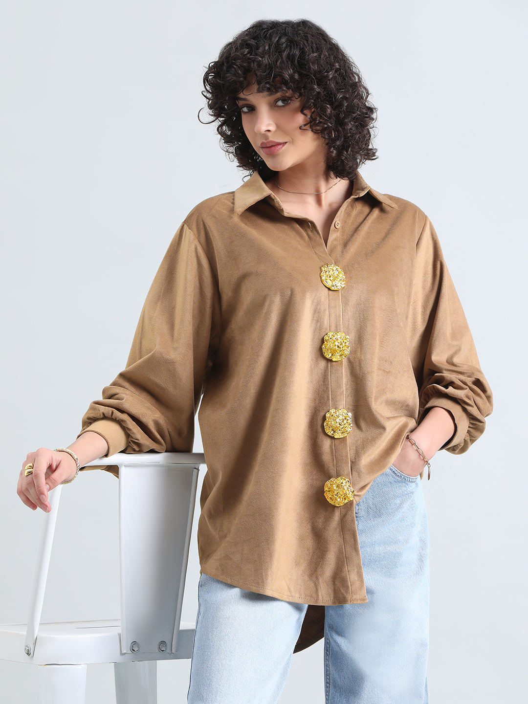 Women's Brown Velvet Oversized Shirt with Gold Brooch Button Detailing