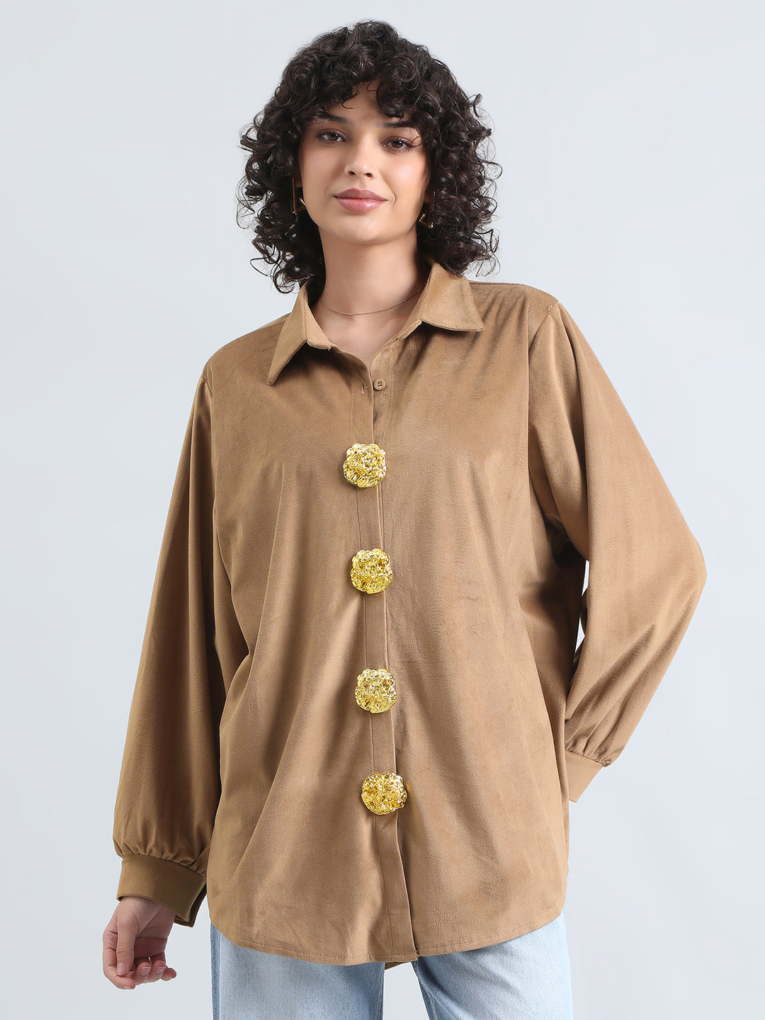 Women's Brown Velvet Oversized Shirt with Gold Brooch Button Detailing