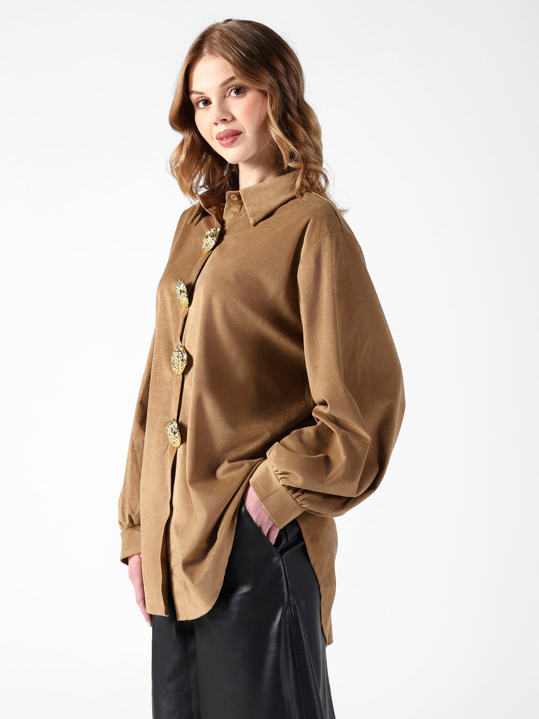 Women's Brown Velvet Oversized Shirt with Gold Brooch Button Detailing