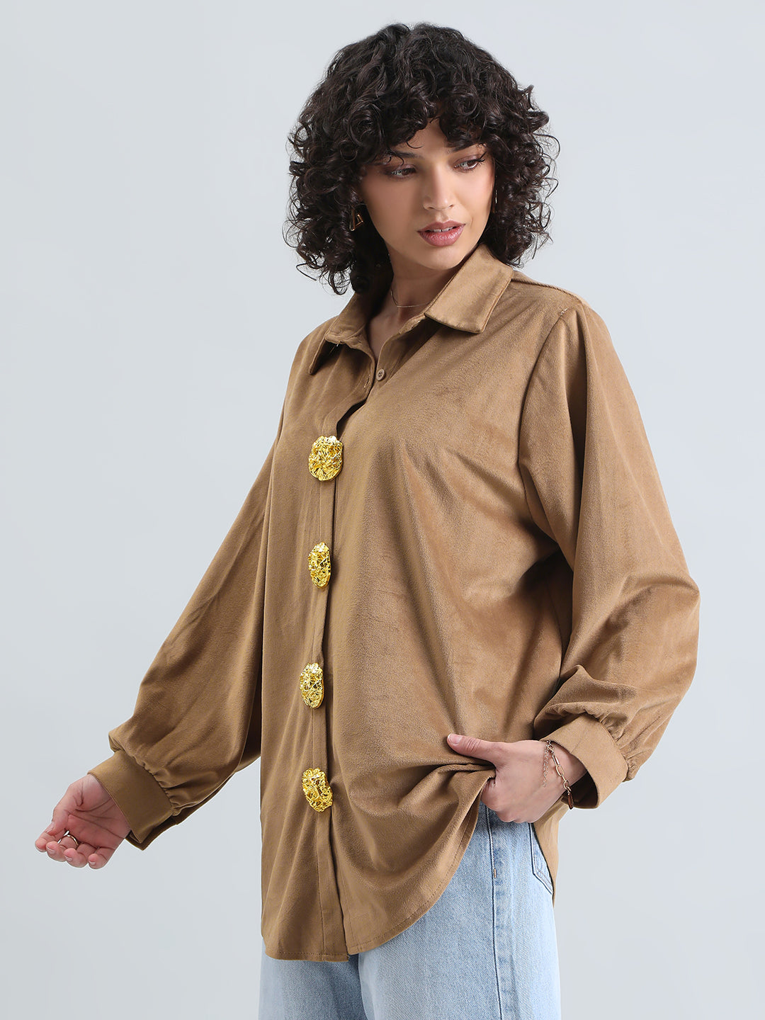 Women's Brown Velvet Oversized Shirt with Gold Brooch Button Detailing