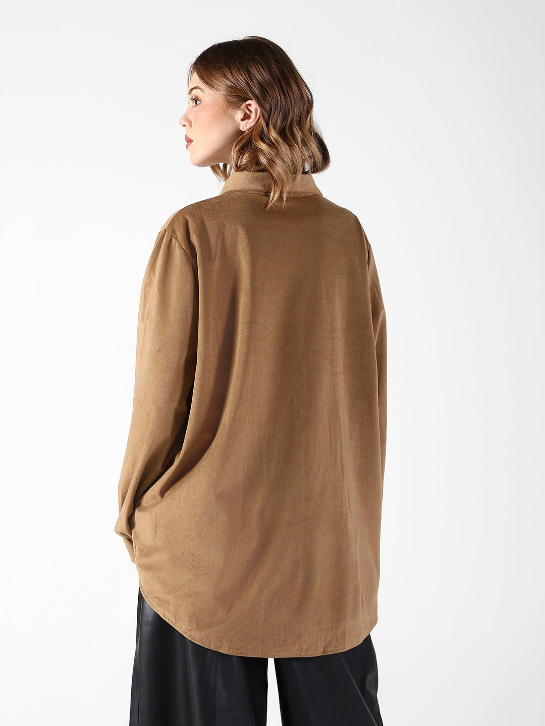 Women's Brown Velvet Oversized Shirt with Gold Brooch Button Detailing