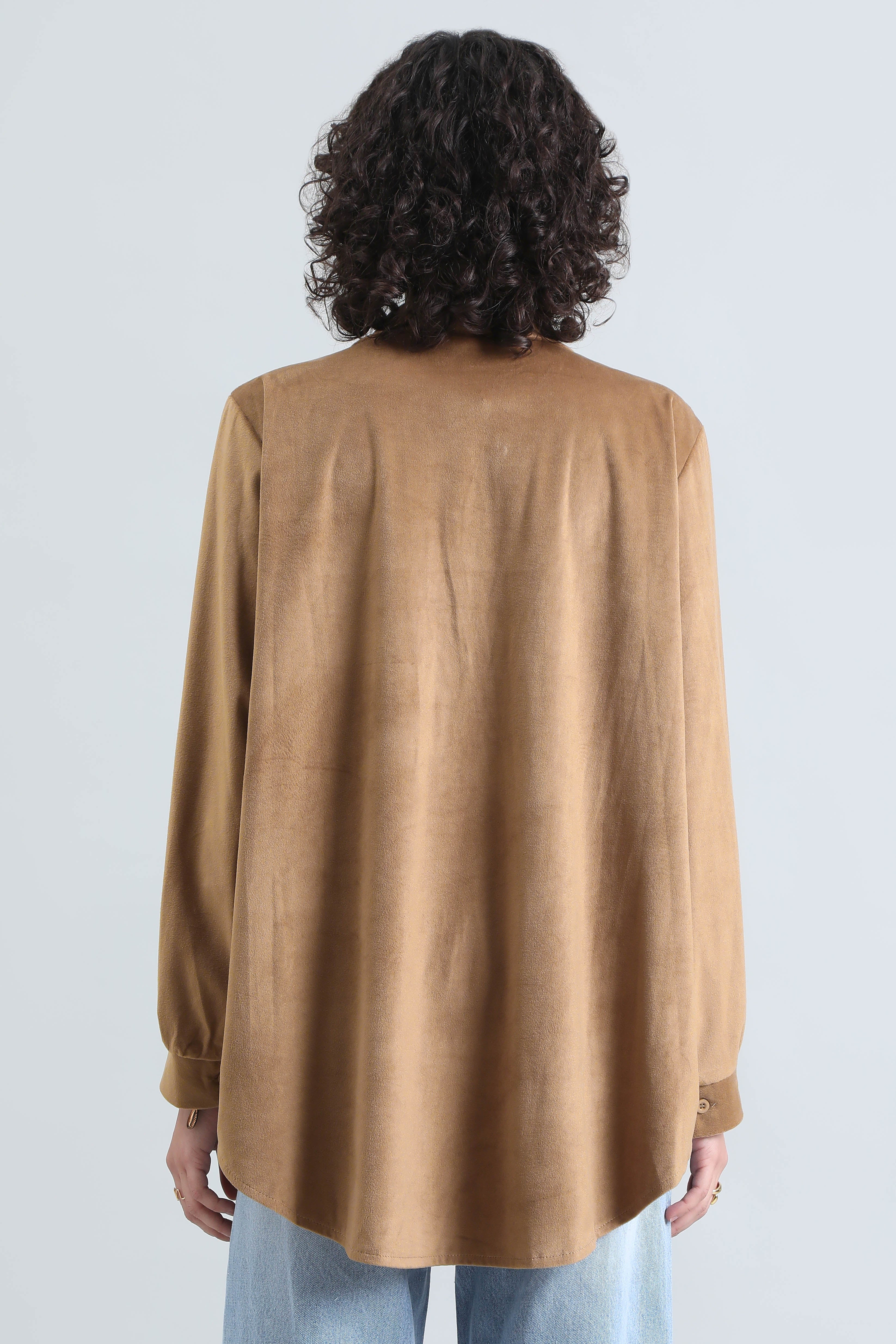 Women's Brown Velvet Oversized Shirt with Gold Brooch Button Detailing