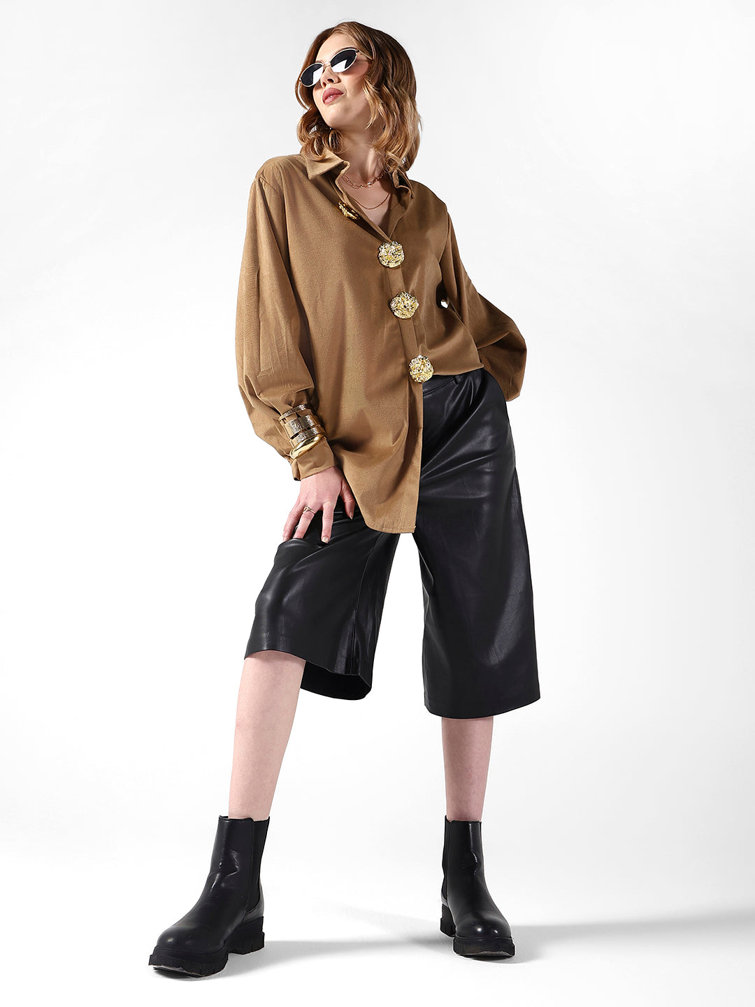 Women's Brown Velvet Oversized Shirt with Gold Brooch Button Detailing