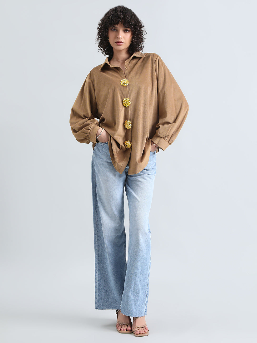 Women's Brown Velvet Oversized Shirt with Gold Brooch Button Detailing