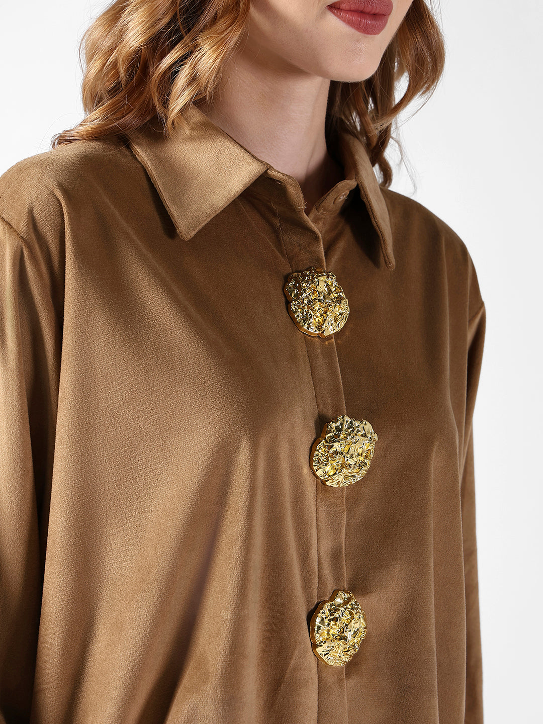 Women's Brown Velvet Oversized Shirt with Gold Brooch Button Detailing