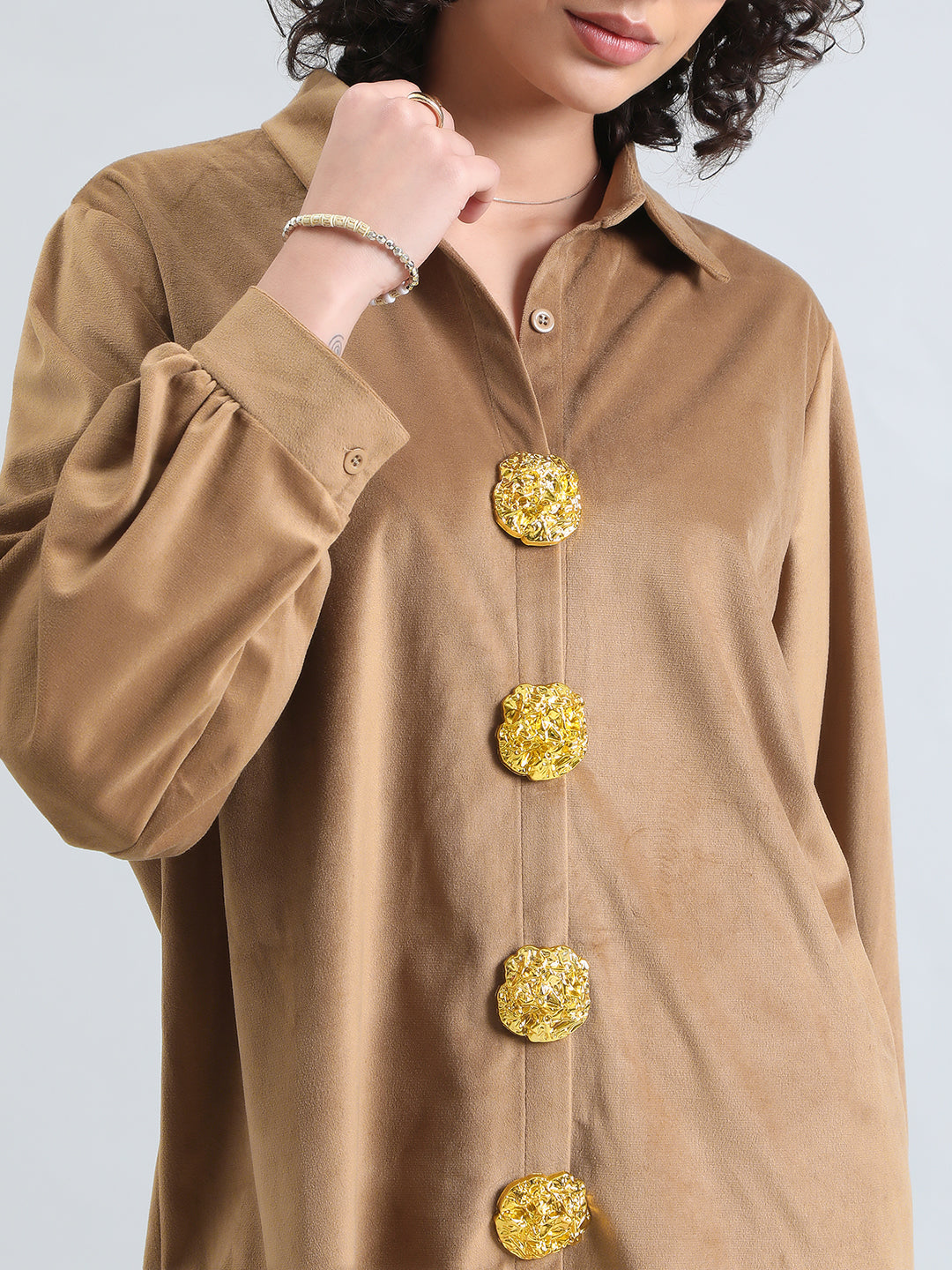 Women's Brown Velvet Oversized Shirt with Gold Brooch Button Detailing