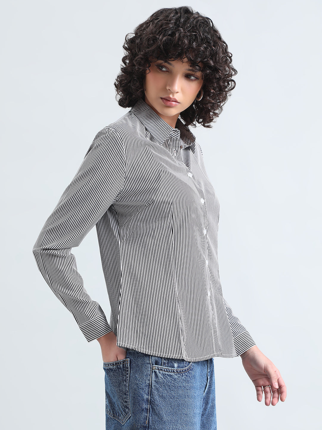 Women's Pinstripes Black Formal Slim Fit Shirt