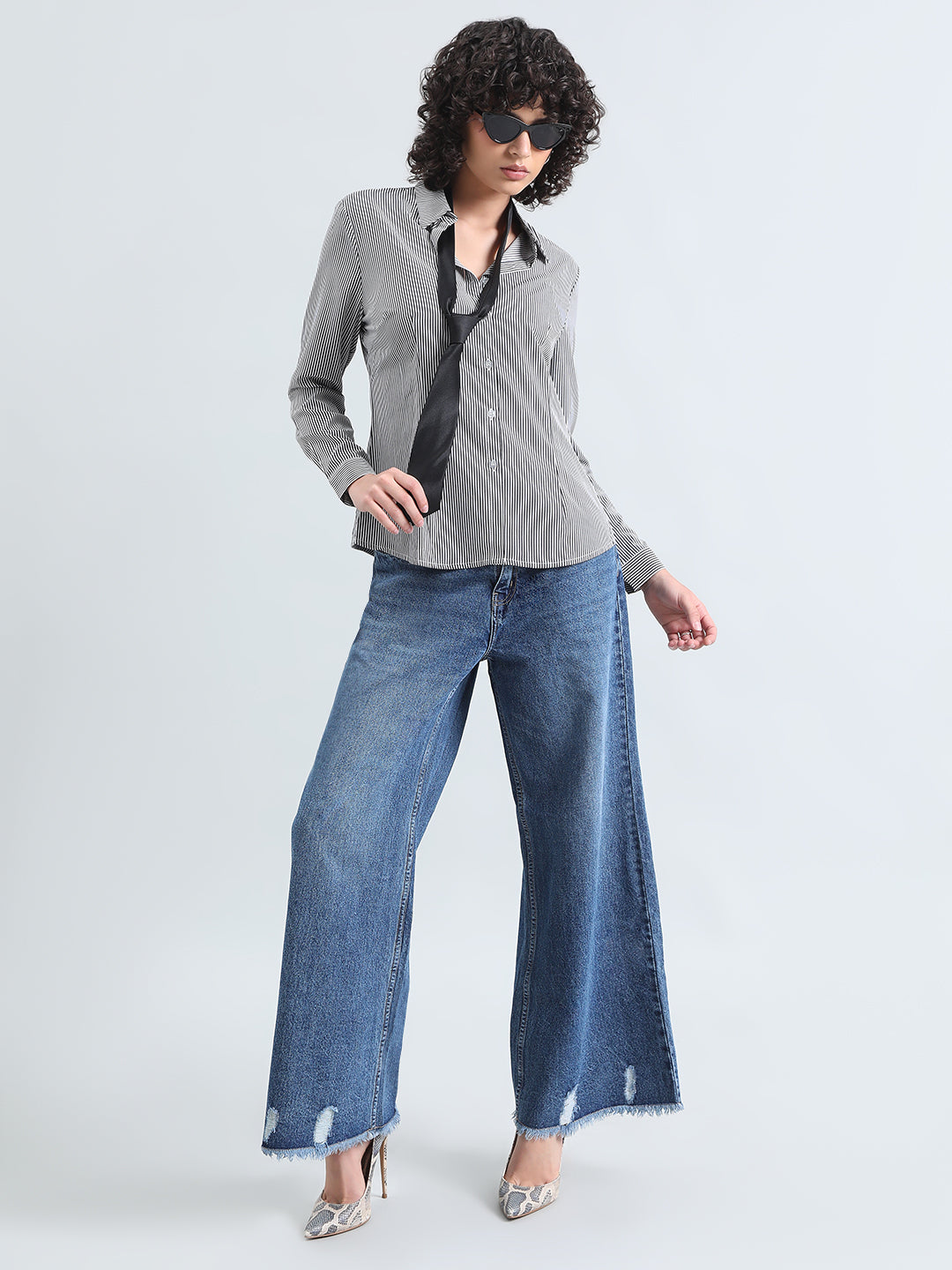 Women's Pinstripes Black Formal Slim Fit Shirt