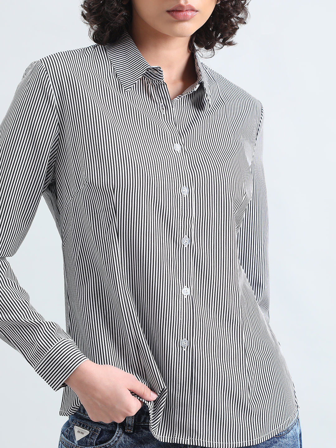Women's Pinstripes Black Formal Slim Fit Shirt