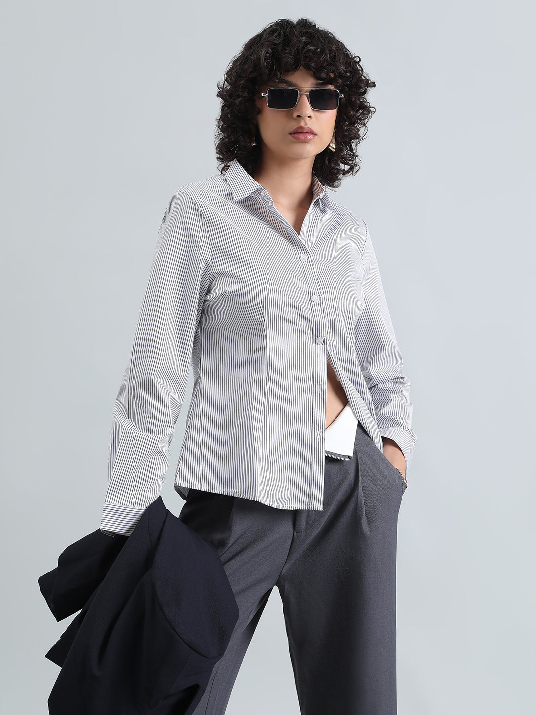 Women's Pinstripes White Formal Slim Fit Shirt