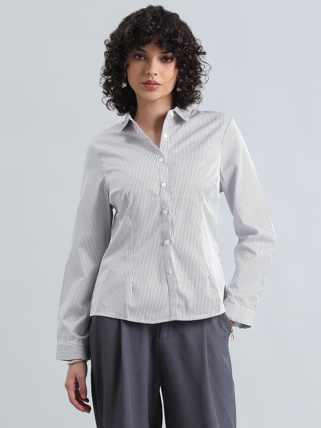 Women's Pinstripes White Formal Slim Fit Shirt