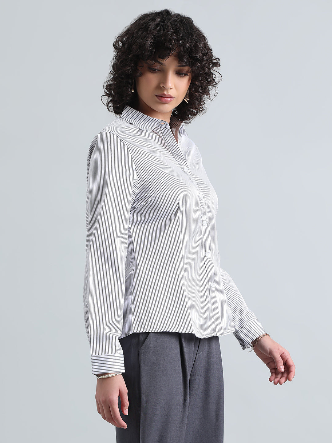 Women's Pinstripes White Formal Slim Fit Shirt