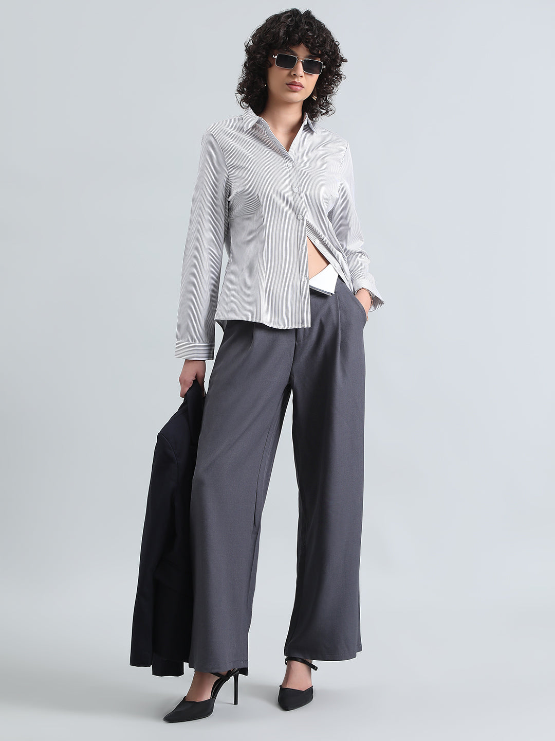 Women's Pinstripes White Formal Slim Fit Shirt