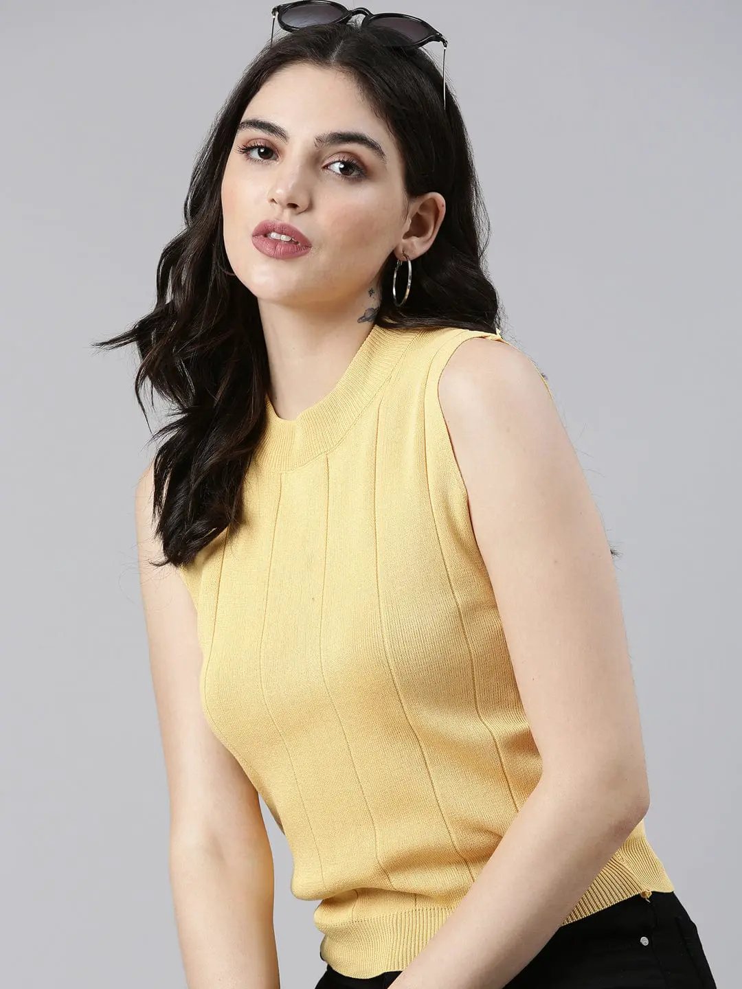 Women's High Neck Solid Mustard Top