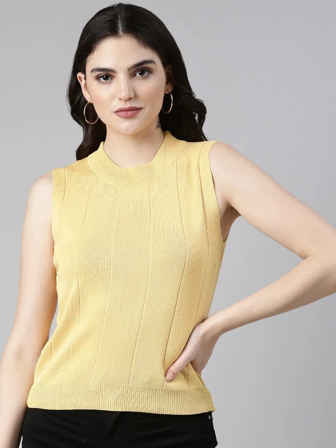 Women's High Neck Solid Mustard Top