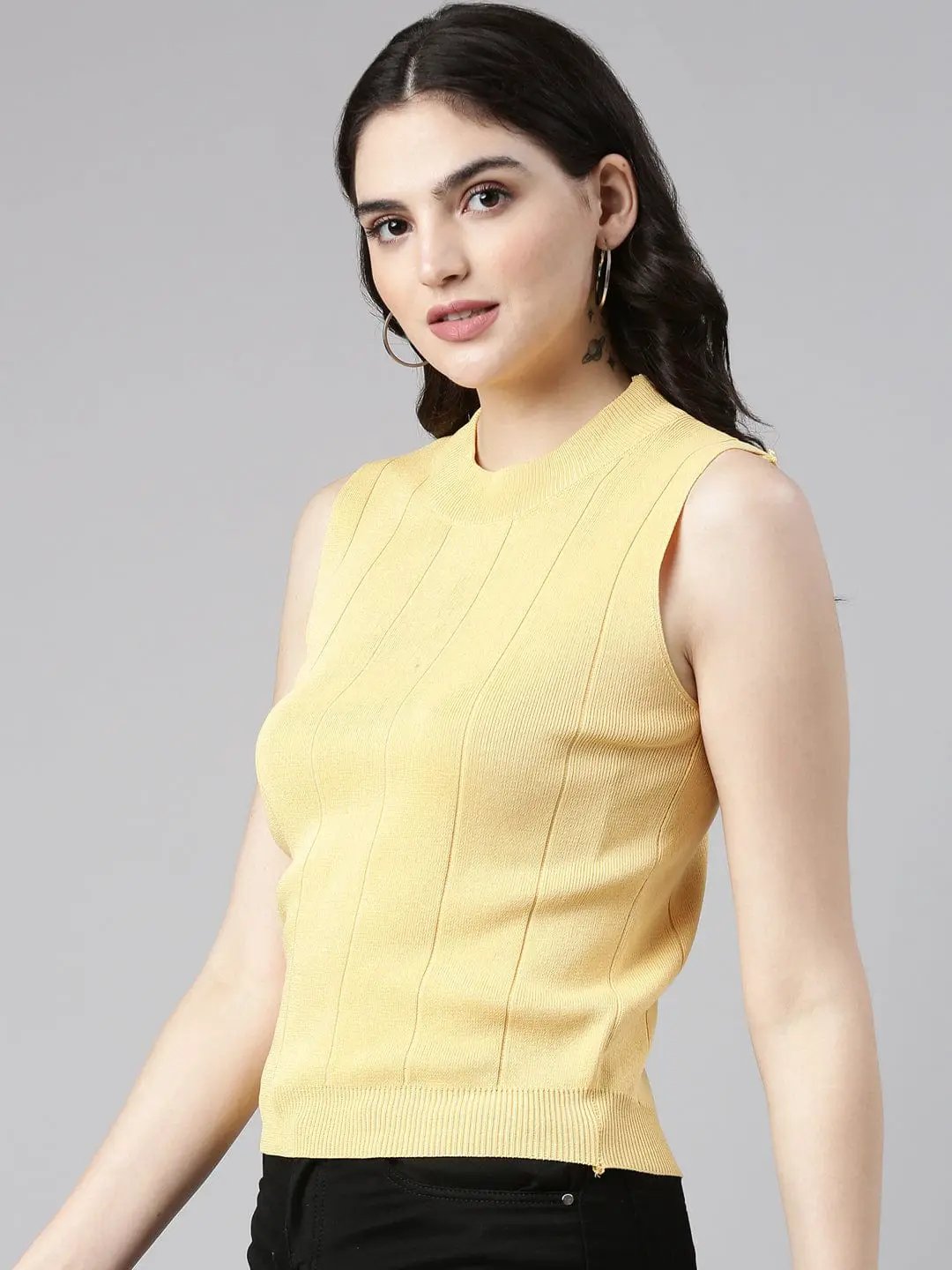 Women's High Neck Solid Mustard Top