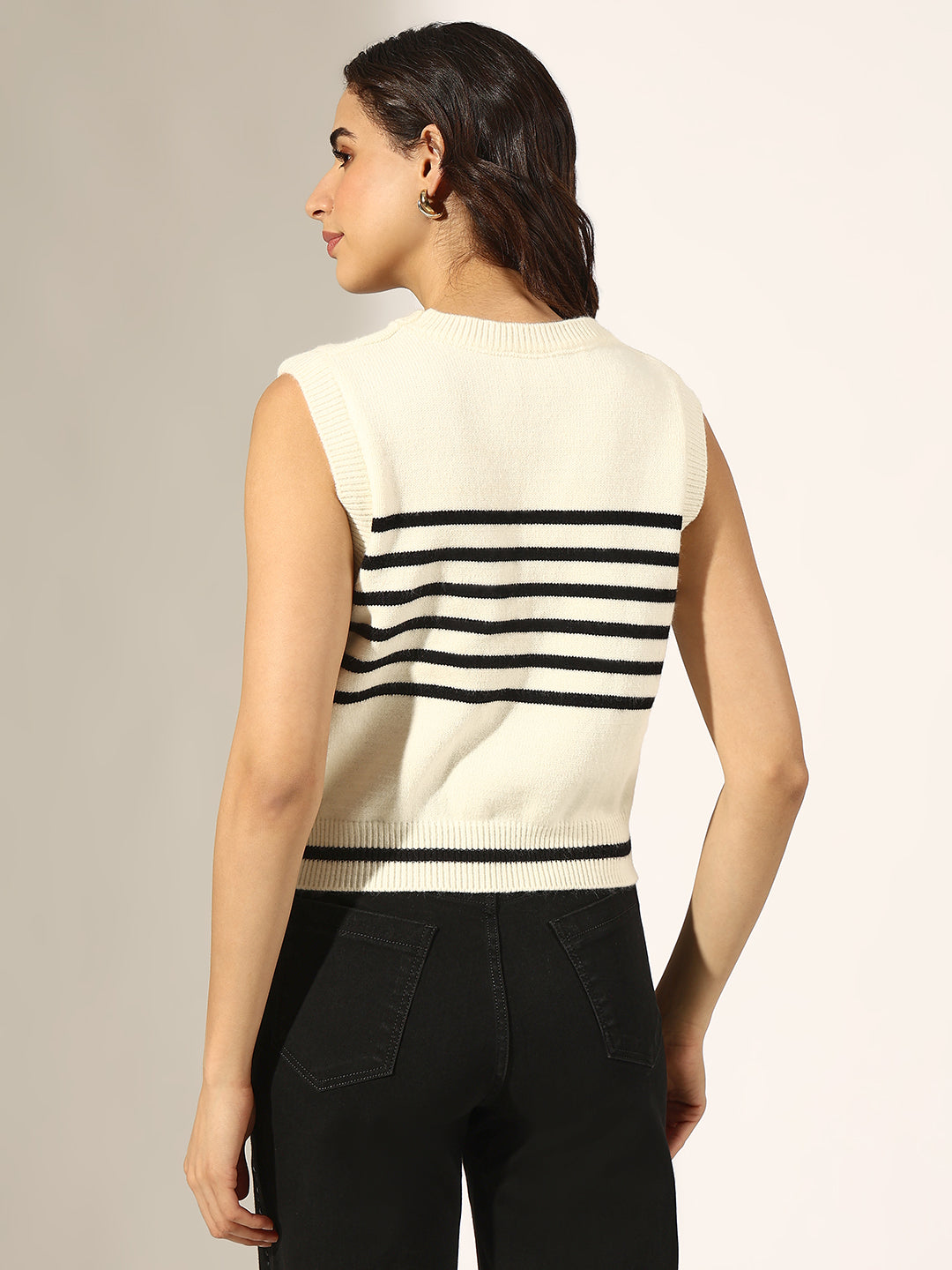 Women's Striped White and Black Sleeveless Knit Top