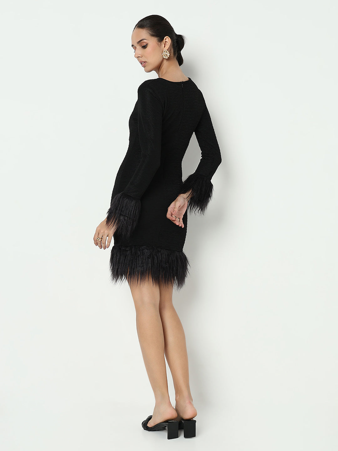 Women's Black Bodycon Mini Dress with Fur Cuff & Hem