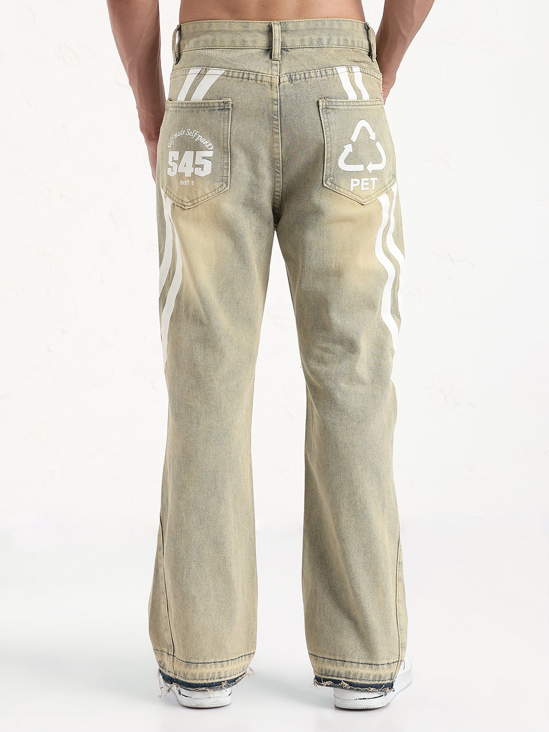 Men's Beige Distressed Relaxed Fit Jeans