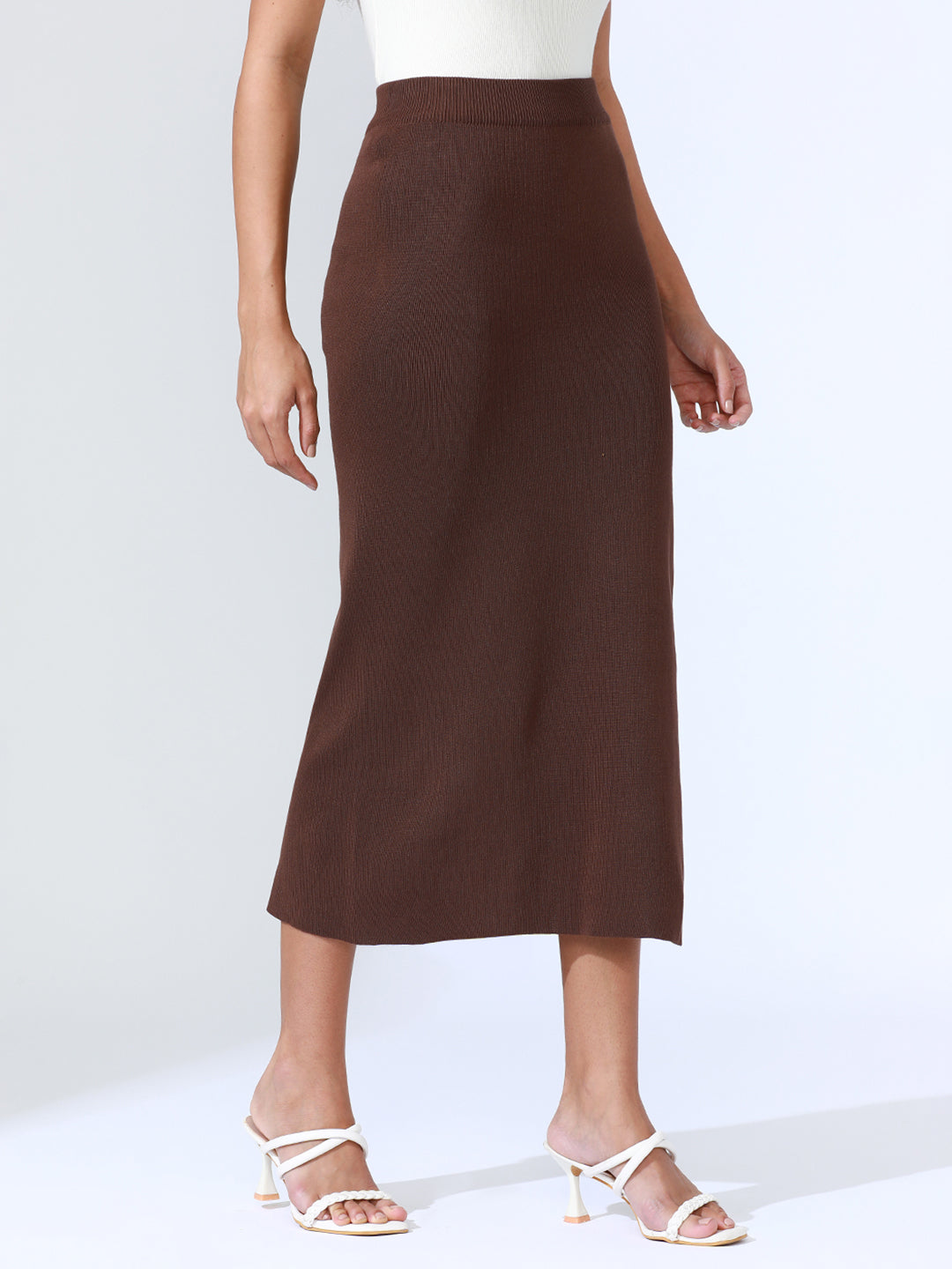 Women's Brown Midi Skirt with Side Slit