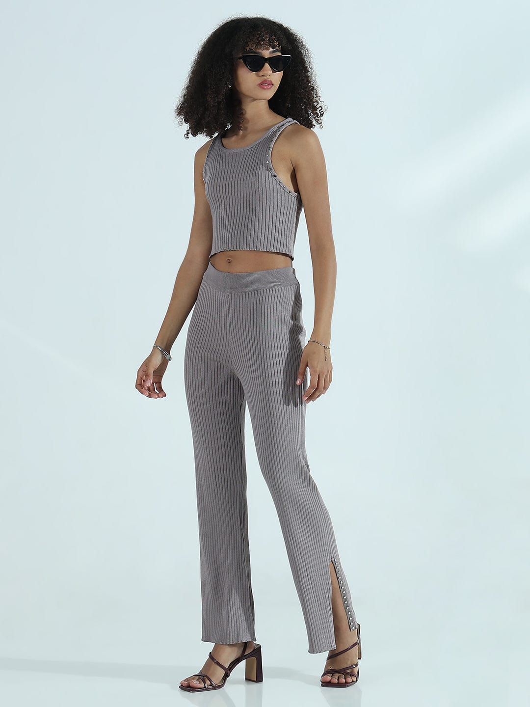 Women's Ribbed Grey Sleeveless Co-ords Set with Studs