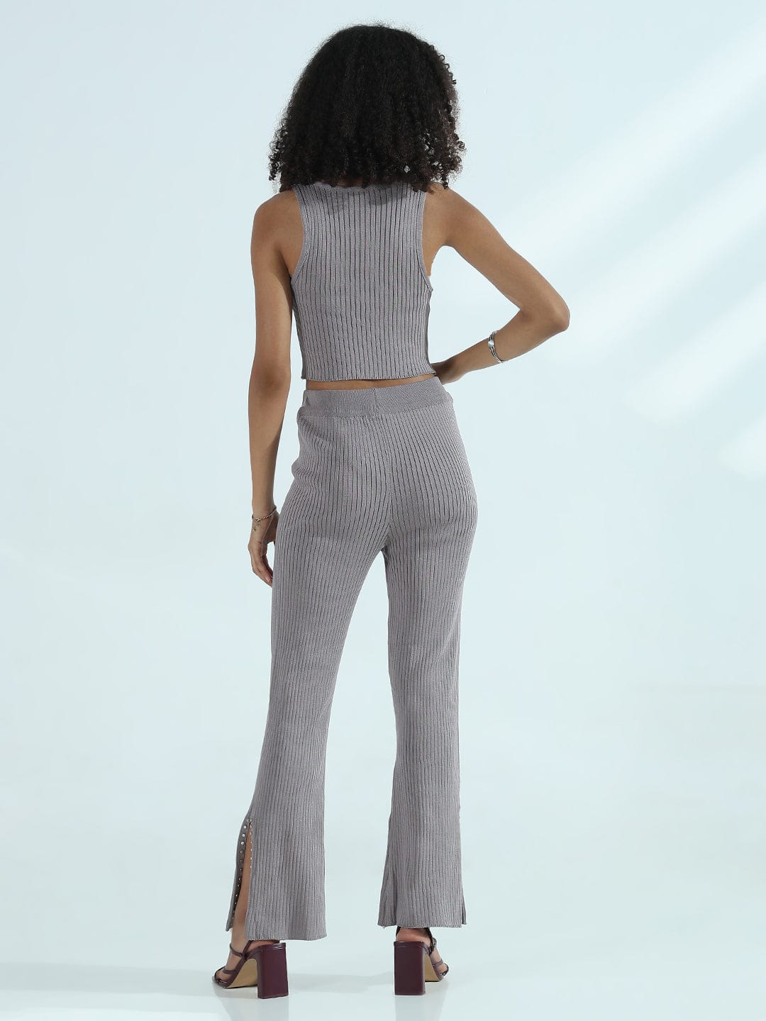 Women's Ribbed Grey Sleeveless Co-ords Set with Studs