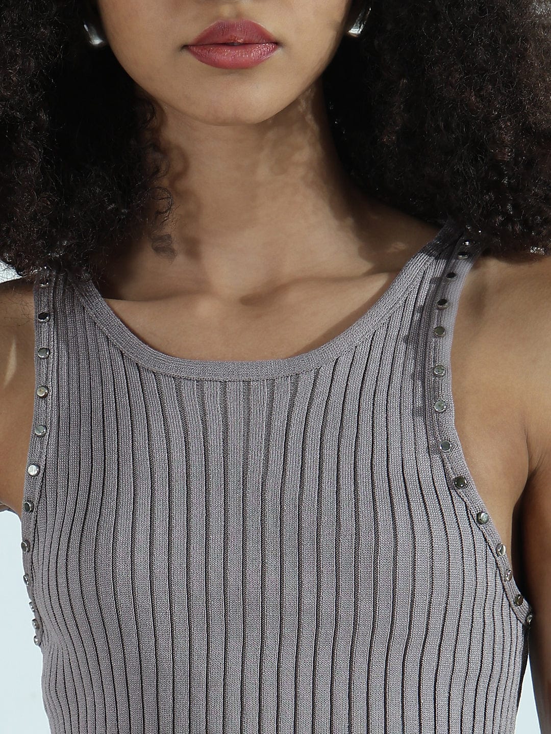 Women's Ribbed Grey Sleeveless Co-ords Set with Studs