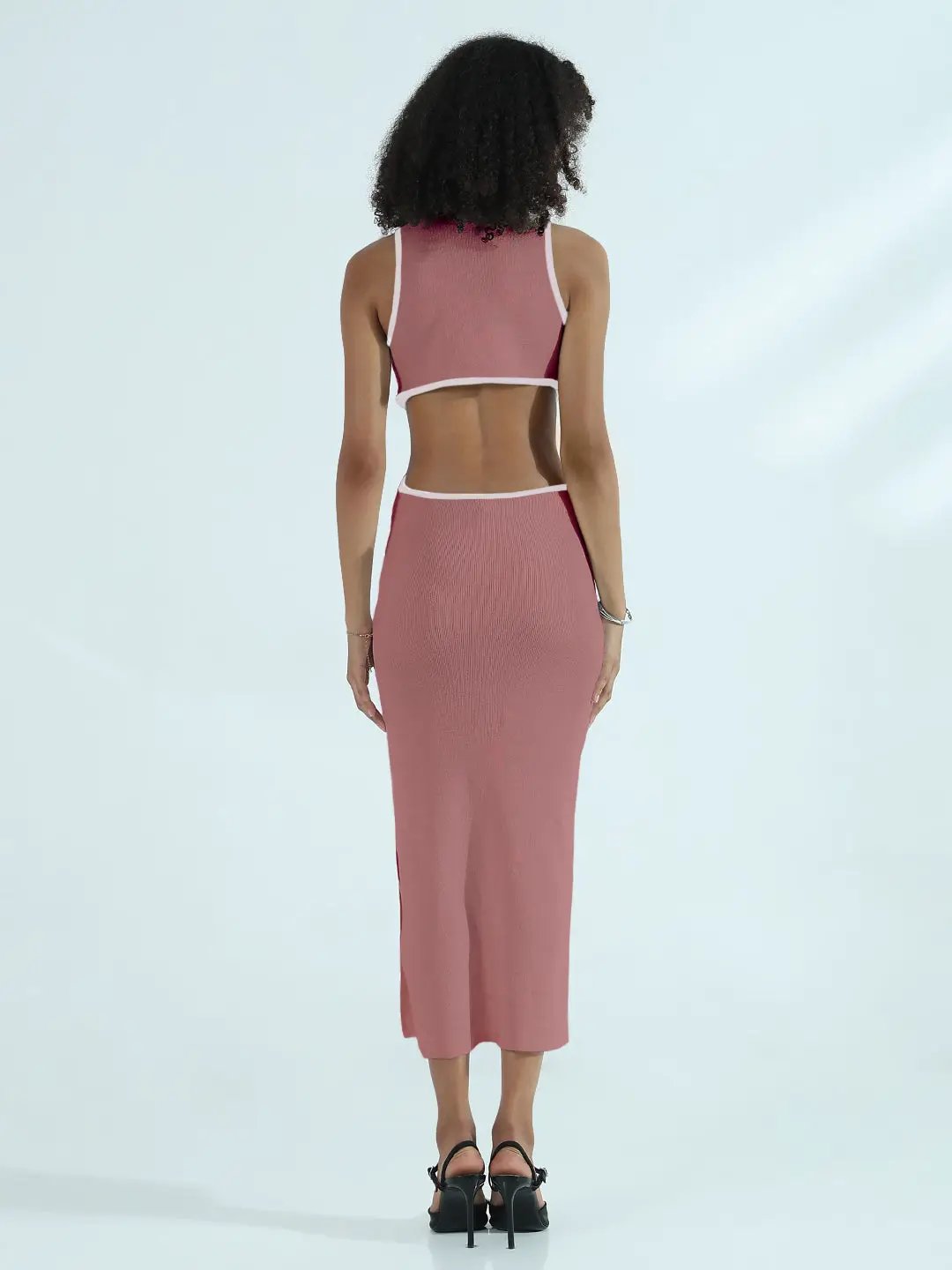 Women's Ribbed Mauve Cut-Out Bodycon Midi Dress with Side Slit and Contrast Trim Detail - from SHOWOFFFF