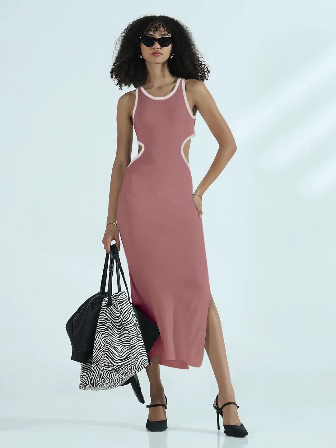 Women's Ribbed Mauve Cut-Out Bodycon Midi Dress with Side Slit and Contrast Trim Detail - from SHOWOFFFF