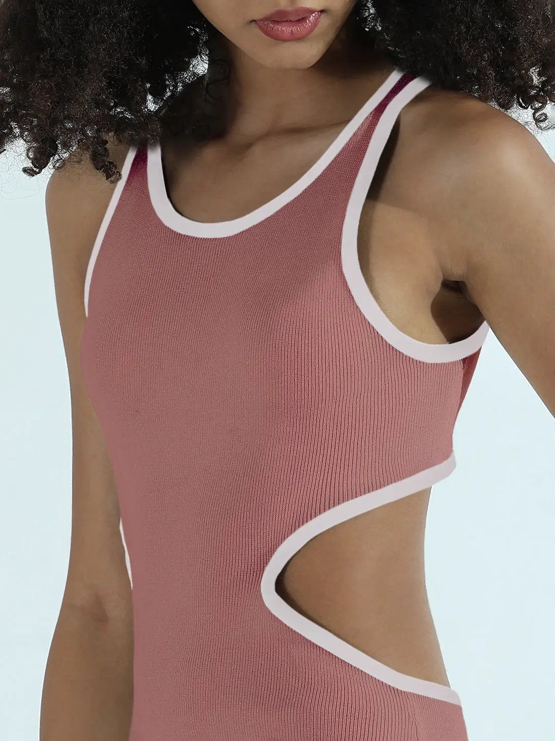 Women's Ribbed Mauve Cut-Out Bodycon Midi Dress with Side Slit and Contrast Trim Detail - from SHOWOFFFF