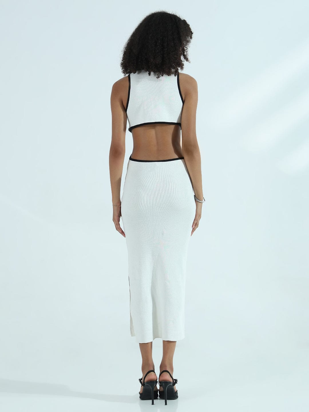 Women's Ribbed White Round Neck Cut-Out Bodycon Dress