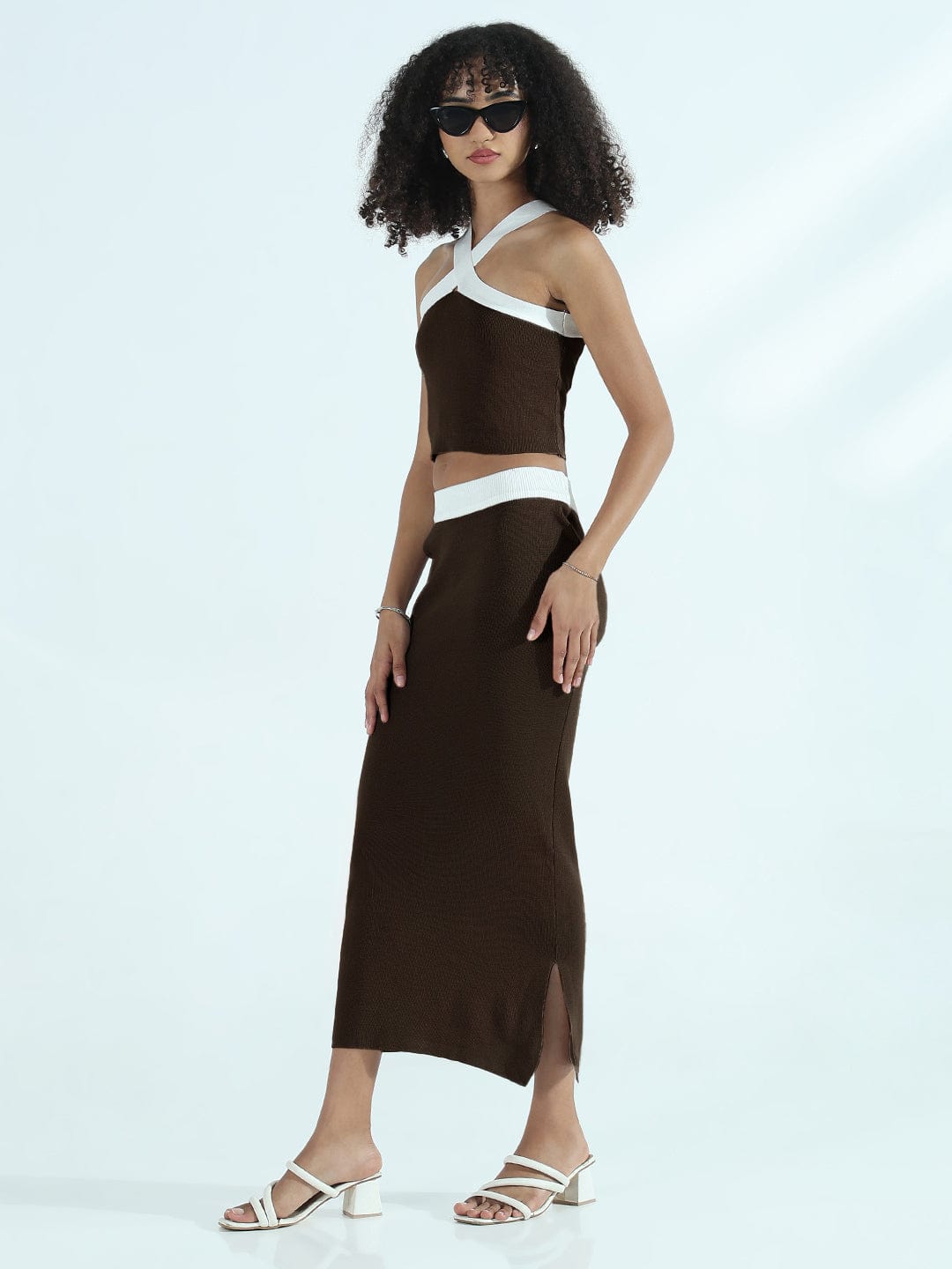 Women's Ribbed Brown Halter Neck Top with Maxi Skirt Co-ords Set