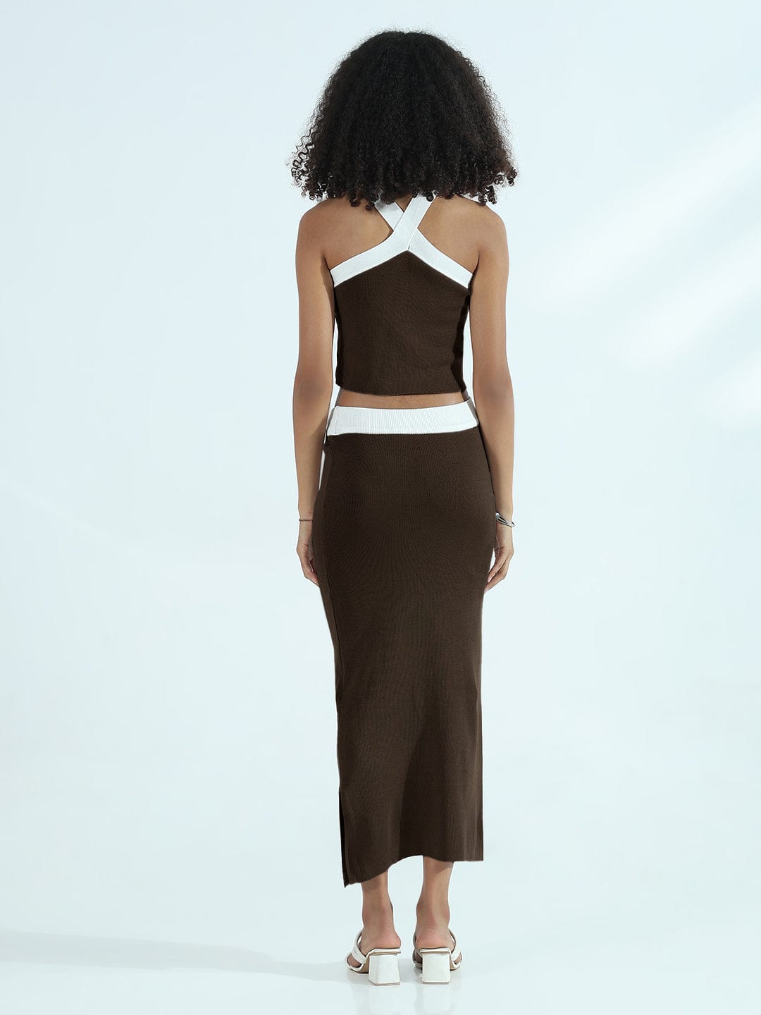 Women's Ribbed Brown Halter Neck Top with Maxi Skirt Co-ords Set